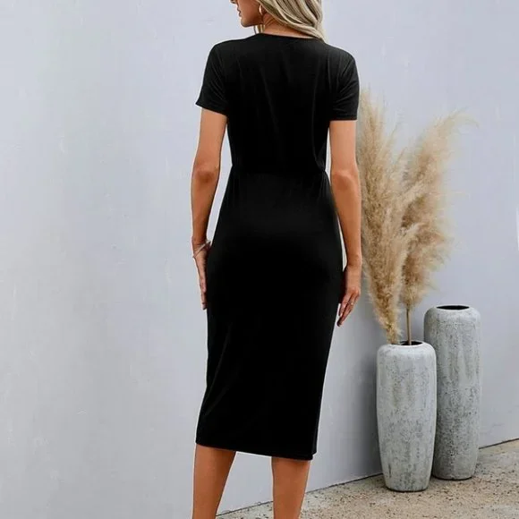 Casual Black Button up Short Sleeve Midi Dress